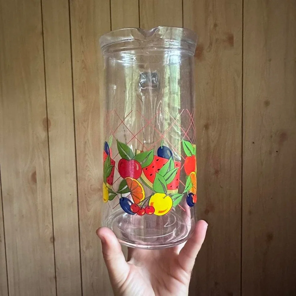 Vintage Fruit Pitcher Glass Set Mid Century Style Glassware 6 Pieces Summer Farm